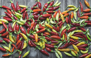 Colorful chilli peppers on wooden table. High angle view
