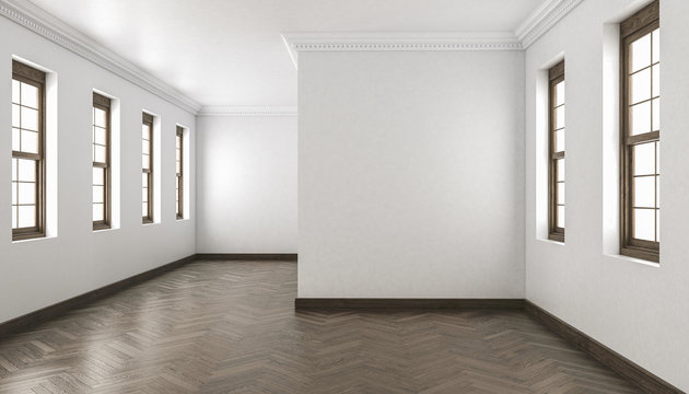 Building Interior with Chevron Parquet and Single Hung Windows