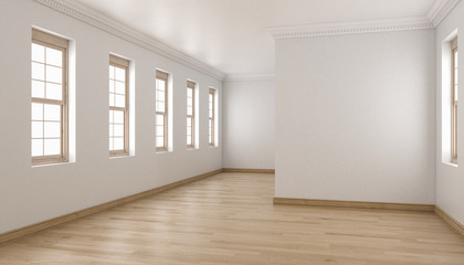 Empty Interior with Oak Wood Flooring and Single Hung Windows