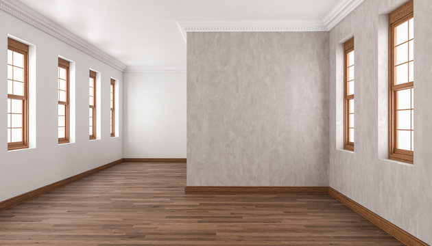 Unfurnished Building Interior With Iroko Wood Flooring