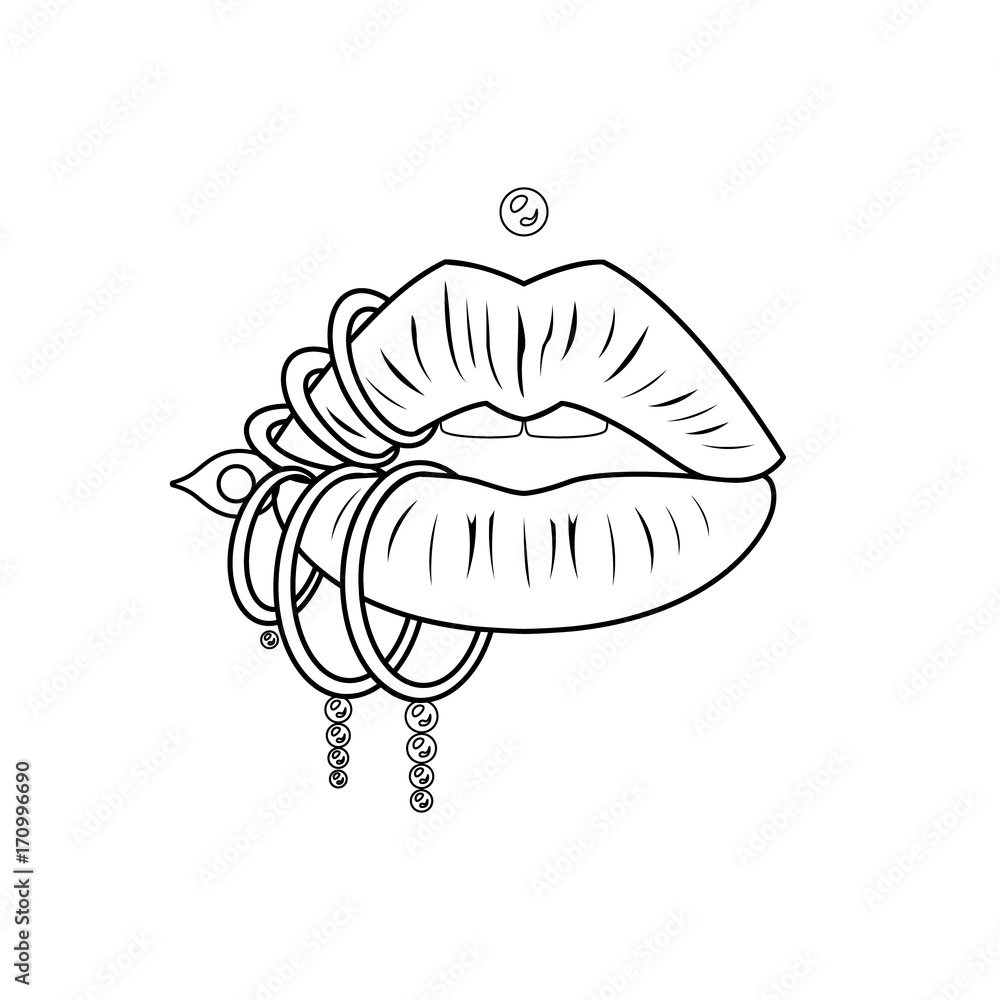 Wall mural vector illustration of lips. pop art print in flash tattoo style. coloring for adults.