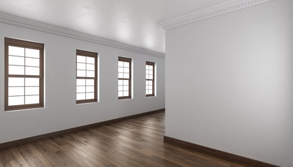 Empty Indoors with Parquet Floor and Wooden Windows
