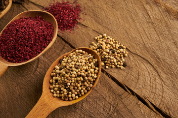 Wooden Spoon filled with various colorful spices