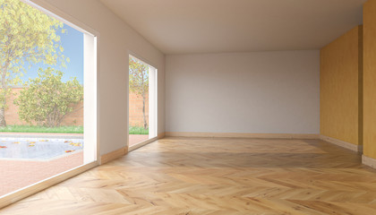 Mustard Colored Room with Chevron Pattern and Backyard View