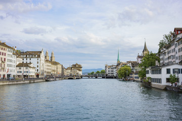 Afternoon cityscape of Women's Minster and St. Peter Church, Zurich