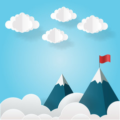 Paper art landscape with flag on the mountain. Success concept illustration. Overcoming difficulties.
