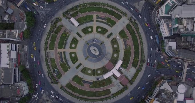 Traffic at Huge roundabout in Bangkok, Thailand. Drone footage.