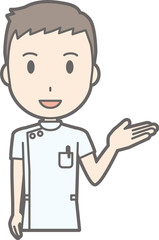 Illustration that a male nurse wearing a white suit draws out his hand