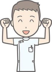 Illustration of a male nurse wearing a white suit with a fist laughing