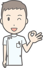 Illustration that a male nurse wearing a white suit is making a hand craft