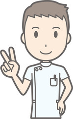 Fototapeta na wymiar Illustration that a male nurse wearing a white coat is peace sign