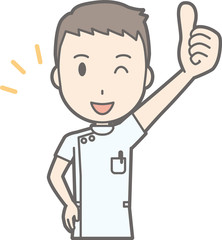 Illustration that a male nurse wearing a white suit is doing a good sign
