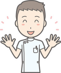 Illustration that a male nurse wearing a white suit spreads his hand and is laughing