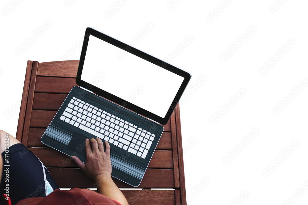 Poster a man using computer lap top on wooden table, white empty computer screen, isolated on white backgro