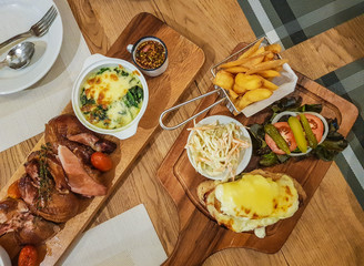 American Food, Sandwiches with fries, coleslaw, roasted duck