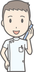 Illustration that a male nurse wearing a white coat is talking on a smartphone
