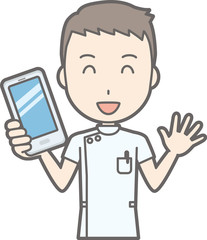 Illustration that a male nurse wearing a white suit has a smartphone