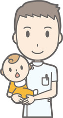 Illustration of a male nurse wearing a white suit holding a baby