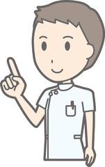 Illustration that a male nurse wearing a white suit is pointing at a finger