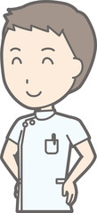 Illustration of a male nurse wearing a white suit with a smile