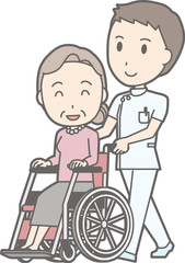 Illustration of a male nurse wearing a white suit pushing a wheelchair on which an old woman was riding