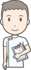 An illustration that a male nurse wearing a white coat standing with a file