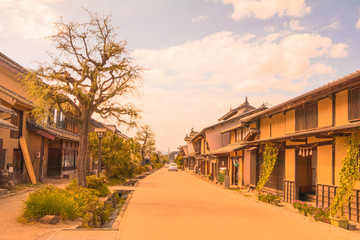 Fototapeta na wymiar Unno-juku is a post town and dozens of old buildings have been beautifully preserved along a more than 250 meter, long stretch for the travelers of Hokkoku Road in Tomi-shi, Nagano Prefecture, JAPAN.