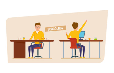 Student in university, at lecture, in classroom. Front, rear view.