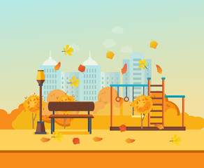Autumn kids playground, entertainment in form of horizontal bars.