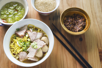 Egg noodle soup with pork ball, popula food asia
