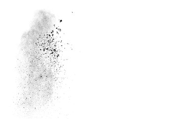 Black powder explosion against white background.