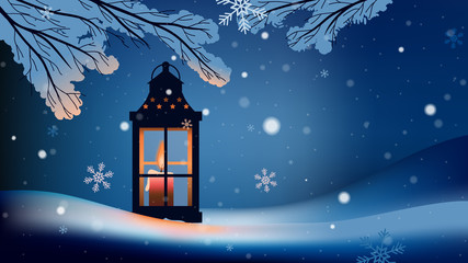 Christmas lantern with snowfall in the night background © momosama