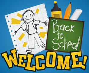 Cute Doodle Drawing and School Supplies for Back to School, Vector Illustration