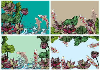 Set vector hand drawn lotus and fish for backgrounds, graphics and text.