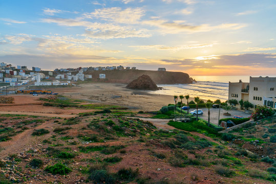 Beach Sidi Mohammed Ben Abdellah at sunset. Morocco