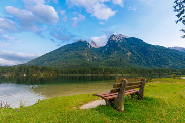 bench at lake in bavarian alps