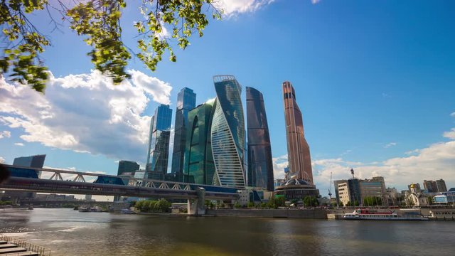 sunny summer day modern moscow city riverside panorama 4k timelapse russia