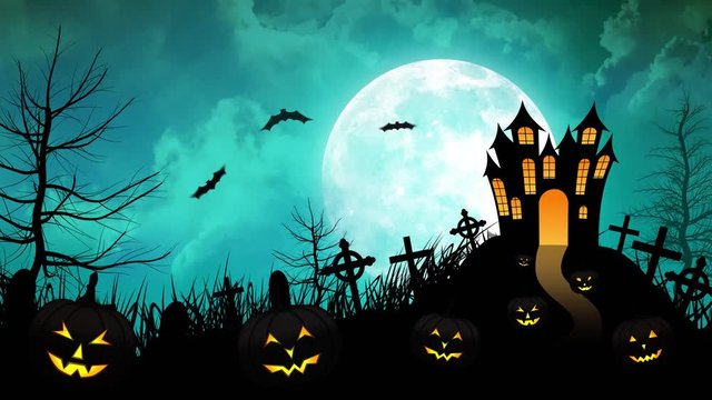 Halloween background animation with the concept of  Spooky Pumpkins, Moon and Bats and Haunted Castle.