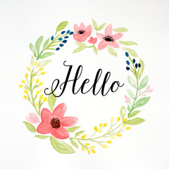 Hello on hand drawing flowers  in watercolor style on white paper background, Sketch of flowers wreath greeting card