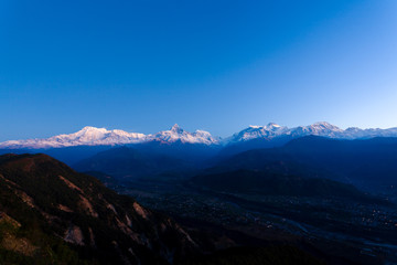 Fototapeta na wymiar Annapurna Himalayan Mountain Range Tops Dawn Light