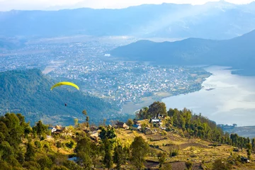 Poster Pokhara Paraglider Aerial View Phewa Lake Nepal © Pius Lee