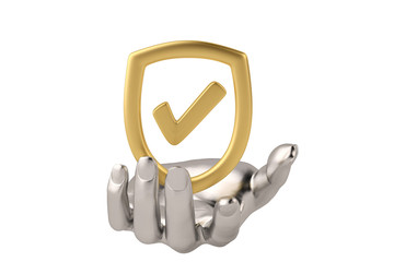 Steel hand and shield with check mark icon,3D illustration.