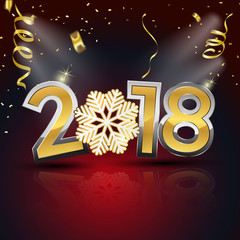 Happy New Year 2018 text design. Vector greeting illustration with golden numbers and snowflake