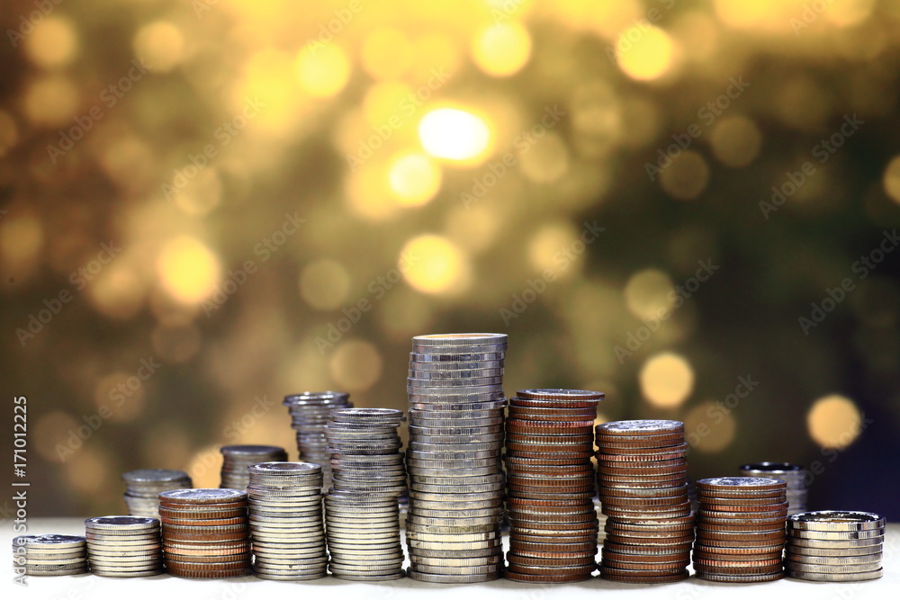 Poster pyramid coin column stacking high, on gold light background. Saving and financial step to success concept.