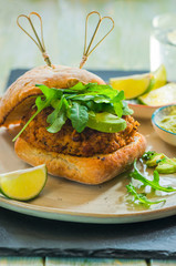 Chorizo and bean burger with avocado and rocket lettuce