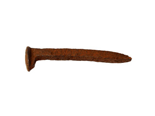 Rusted rail spike (cut spike or crampon) isolated on the white background. Large forged nail with...