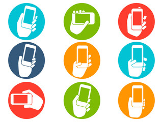 Hands holding mobile phone icons buttons set