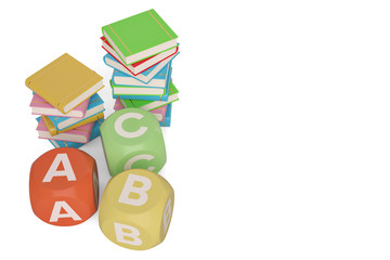Books with abc cubes on white background.3D illustration.