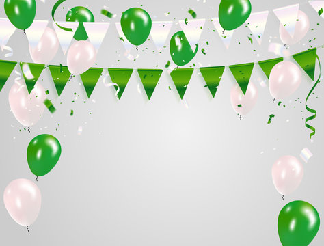 Green White balloons, confetti concept design 15 Indian Independence Day greeting background. Celebration Vector illustration