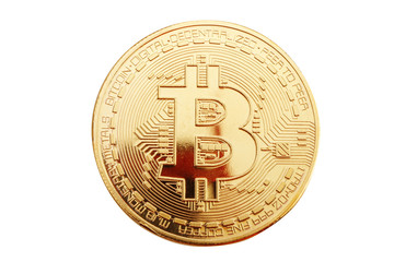 Gold coin of bitcoin on a white background.